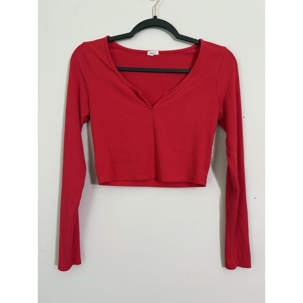 Garage Red Sz M Ribbed Long Sleeve Crop Top Soft Comfort Gym Night Out